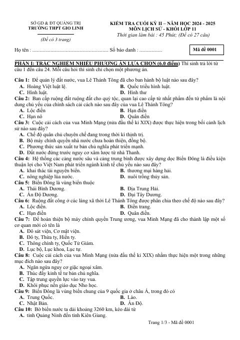 Đề thi Học kì 2 Lịch sử 11 năm 2024-2025 trường THPT Gio Linh (Quảng Trị)